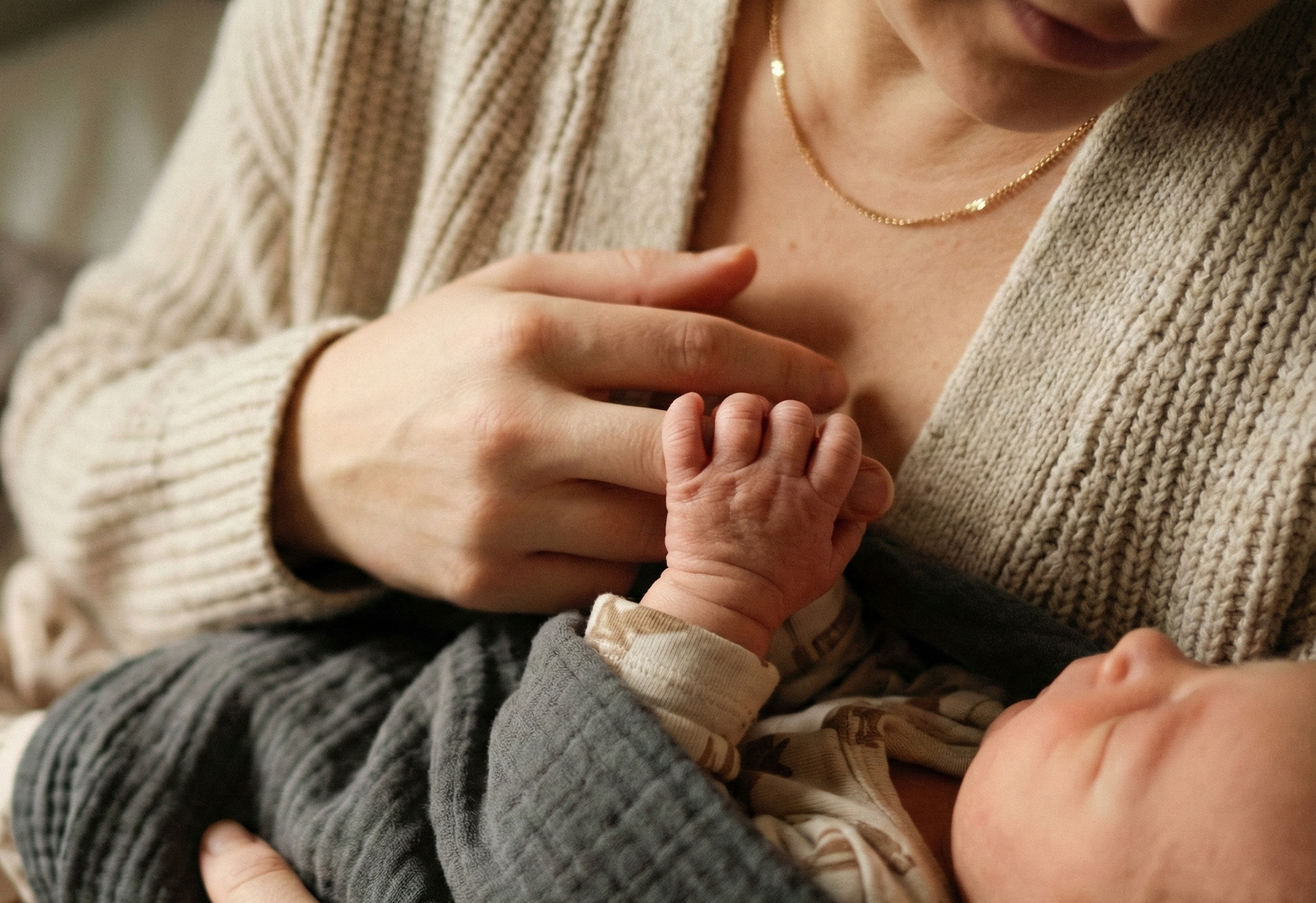 Mother tenderly holding newborn with baby gripping her finger
