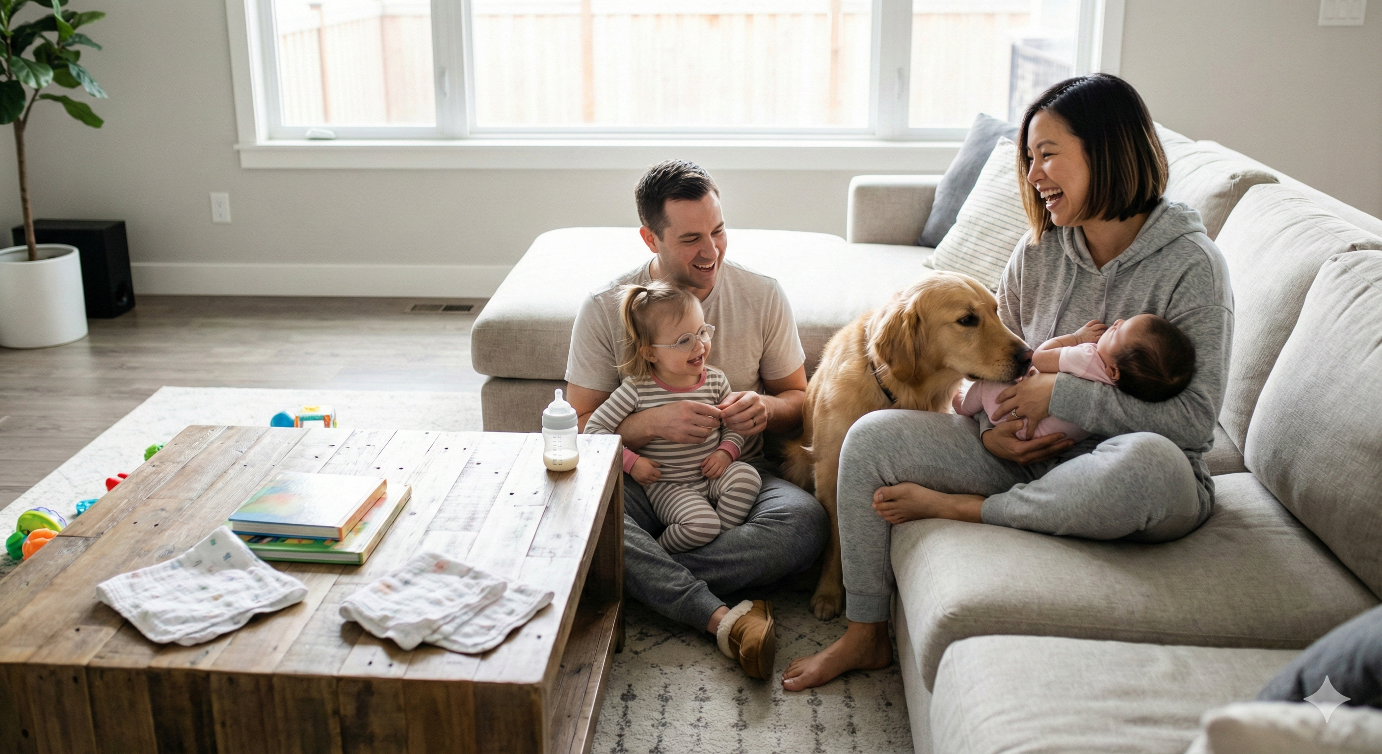 Family with mother, children, and grandmother on couch in bright living room